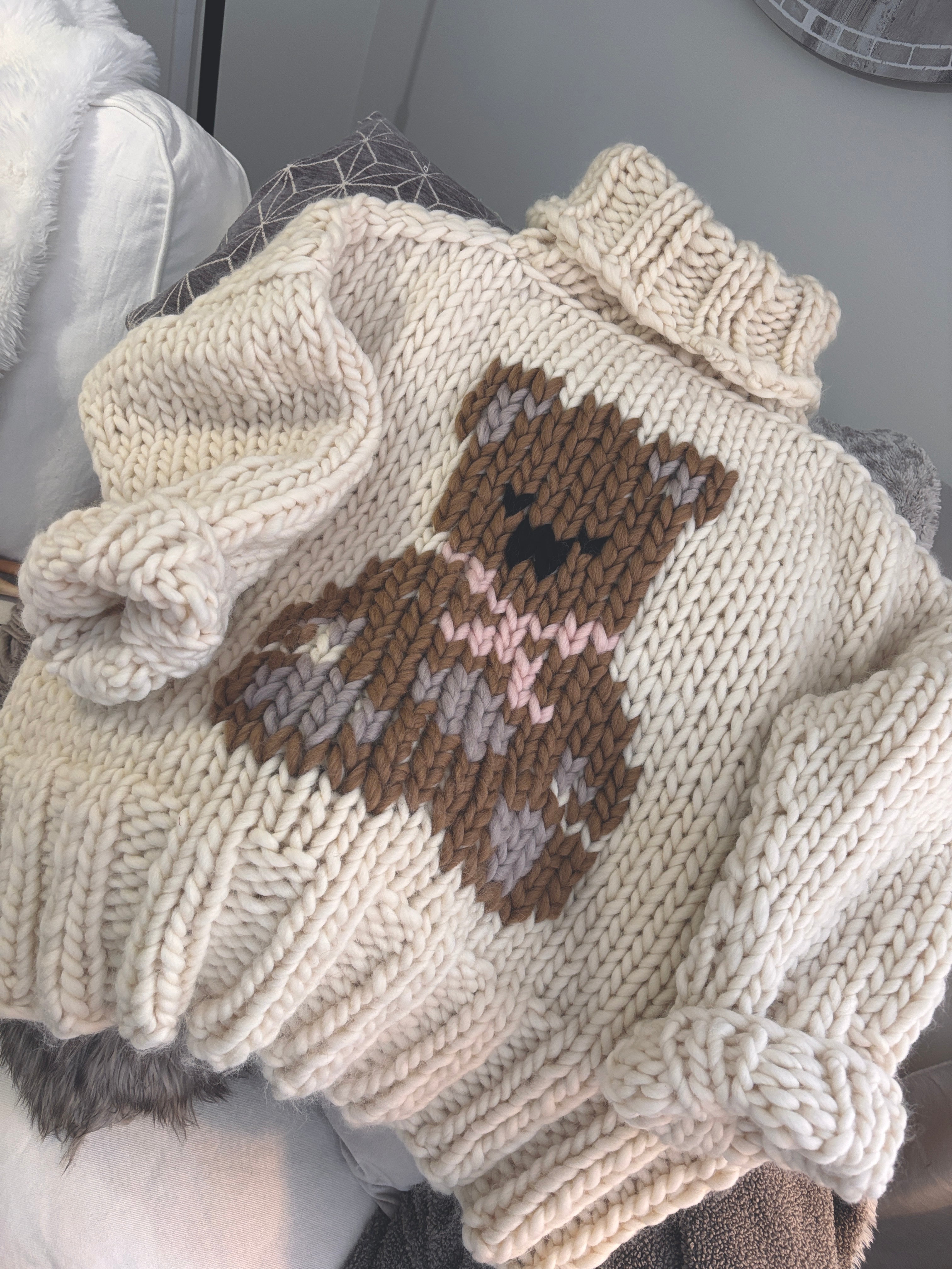 Chunky Knit Turtleneck Sweater Oversized Knit Sweater with Bear