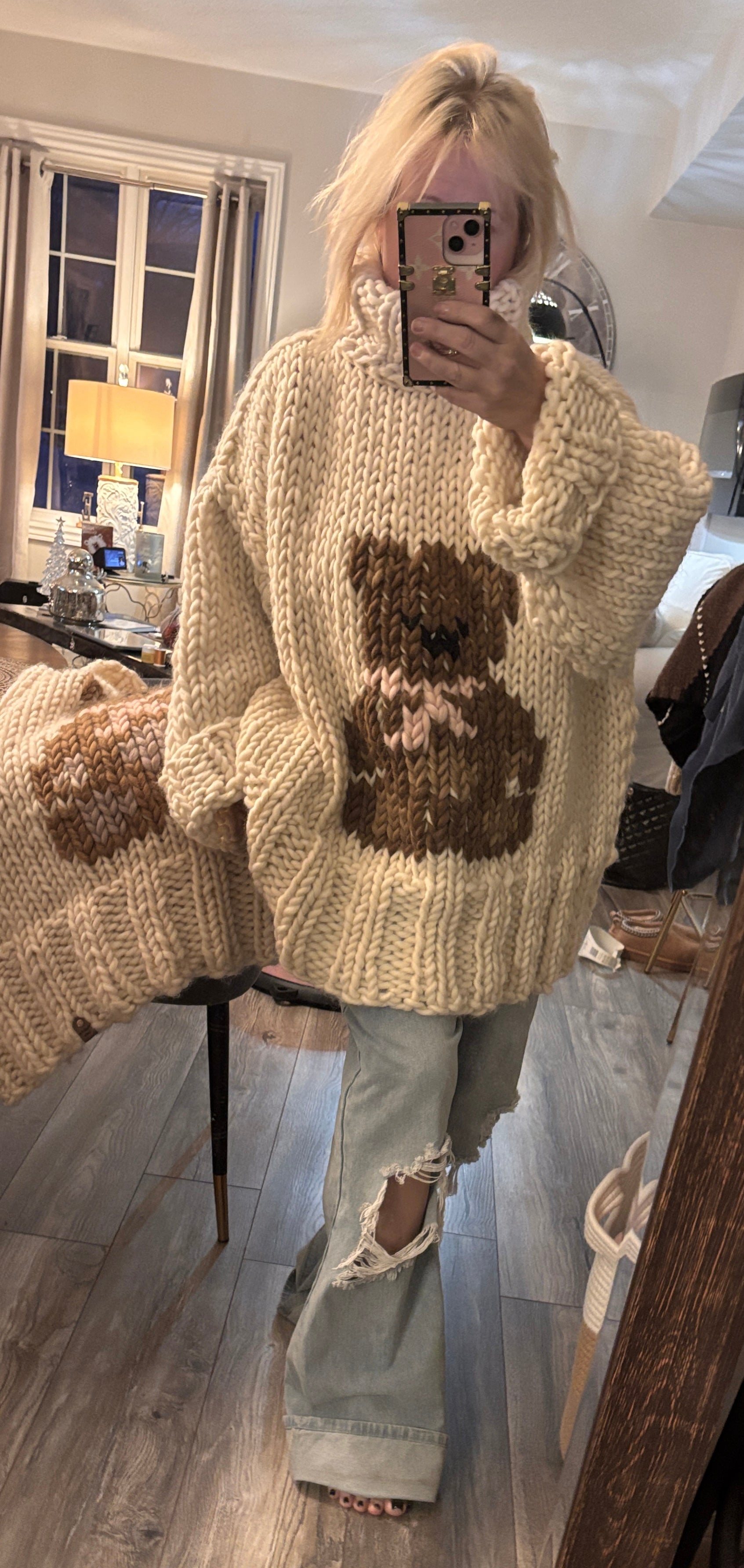 Cream Chunky hand knit soft wool turtleneck sweater with hand sewn bear design oversized cowl neck sweater for women in ivory wool