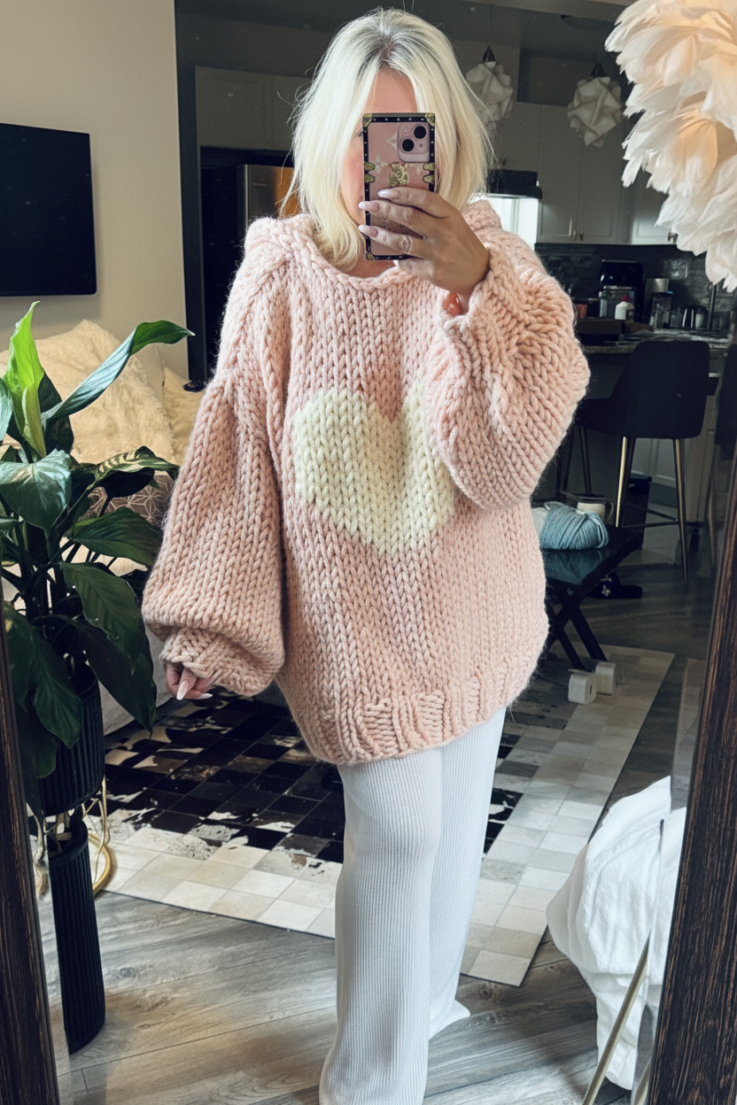 Pink hooded chunky hand knit sweater with ivory love heart loose oversized soft luxurious wool sweater for women