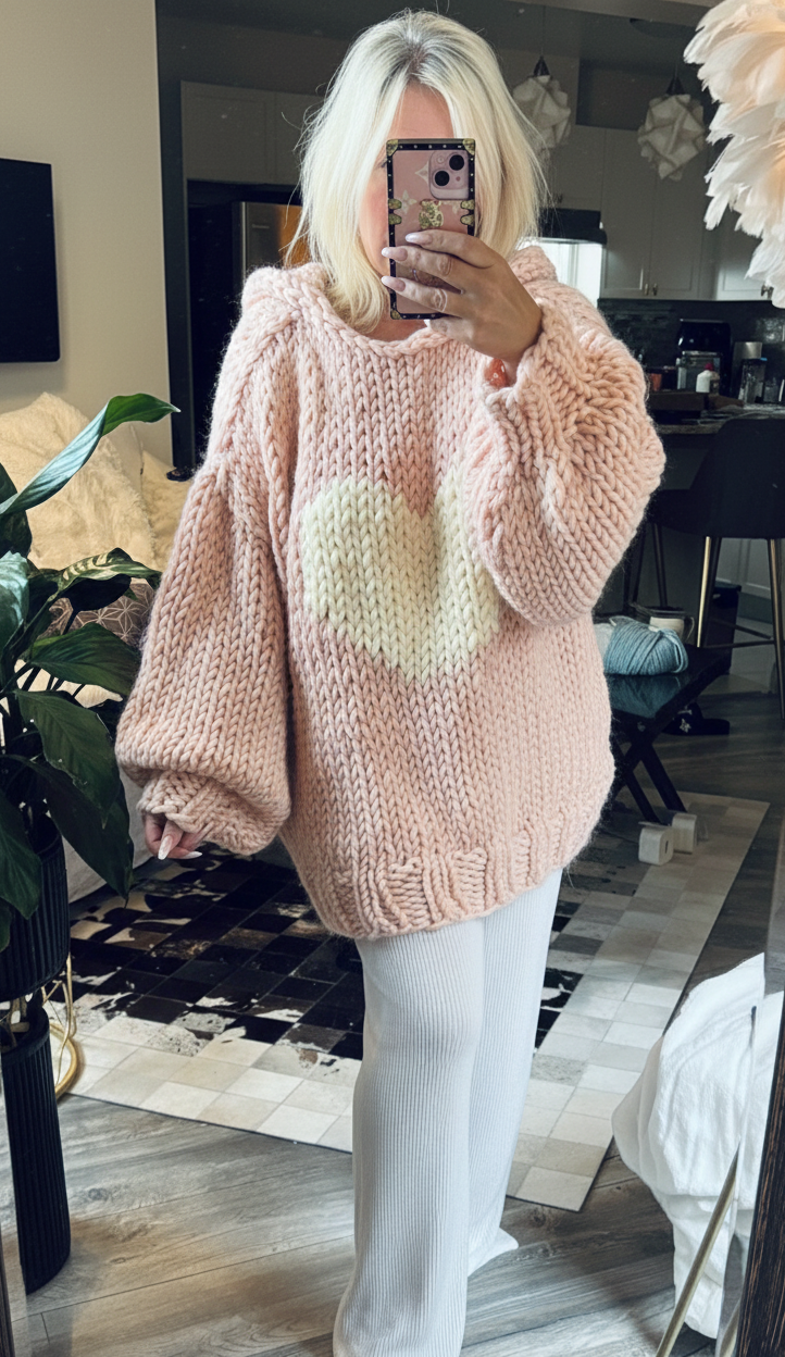 Pink hooded chunky hand knit sweater with ivory love heart loose oversized soft luxurious wool sweater for women