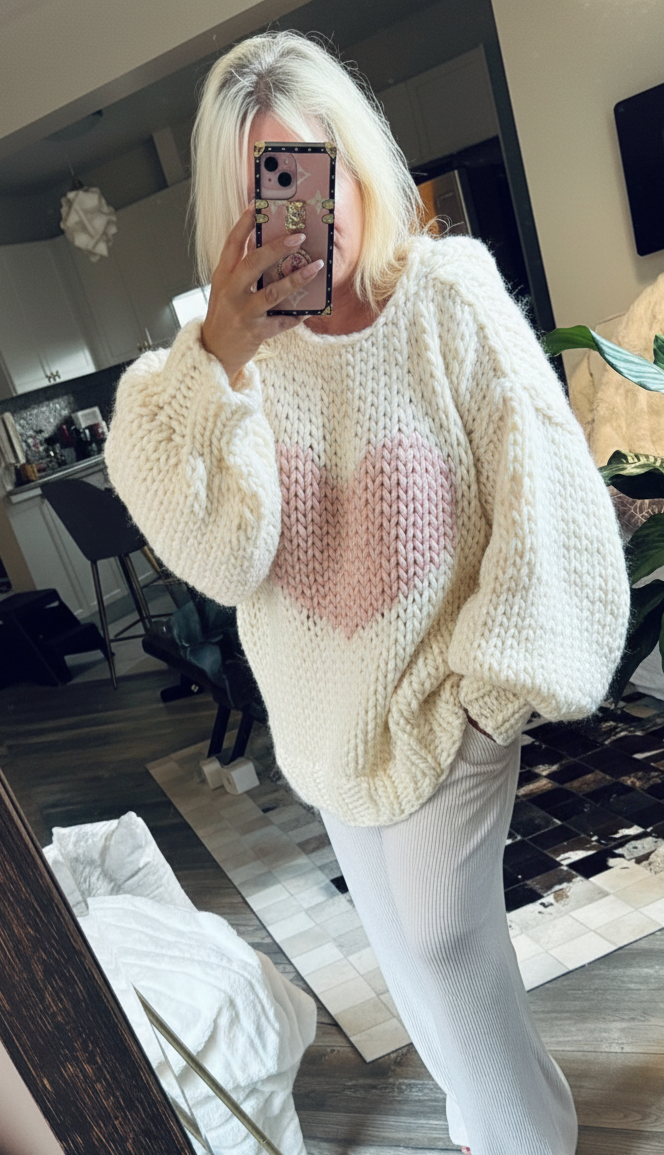 Ivory hooded chunky hand knit sweater with pink love heart loose oversized soft luxurious wool sweater for women