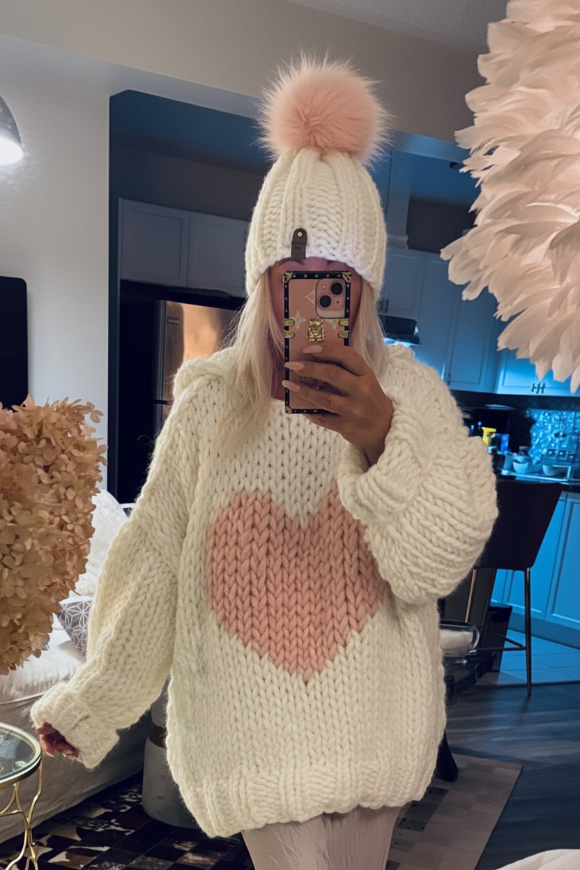 Ivory hooded chunky hand knit sweater with pink love heart loose oversized soft luxurious wool sweater for women