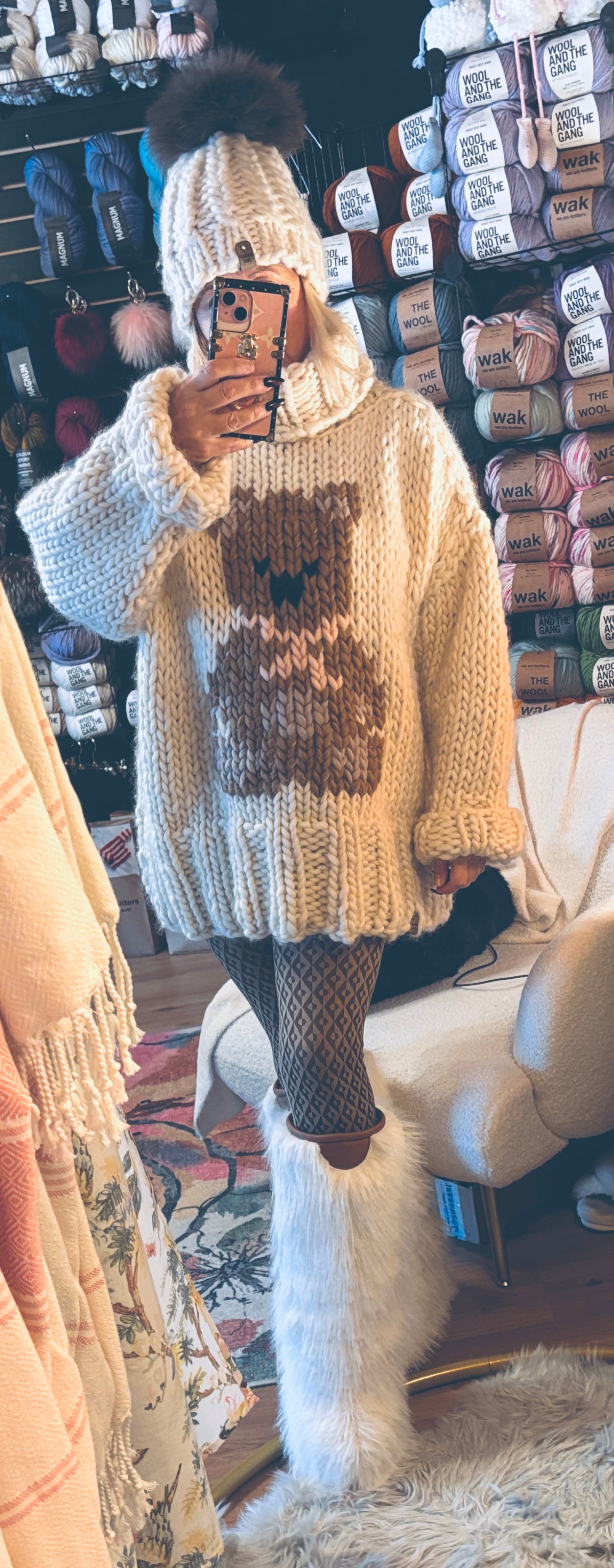 Chunky Knit Turtleneck Sweater Oversized Knit Sweater with Bear