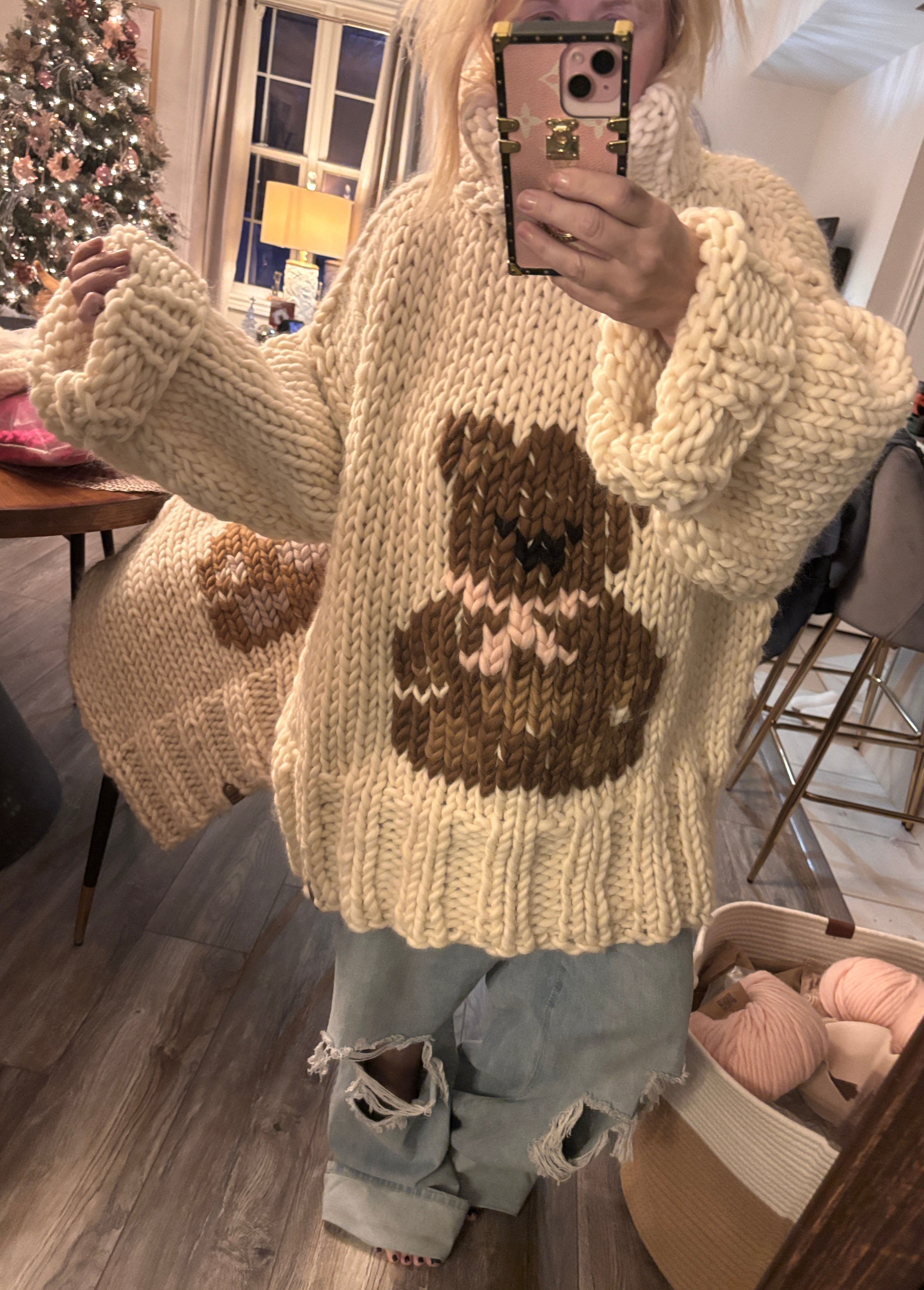 Cream Chunky hand knit soft wool turtleneck sweater with hand sewn bear design oversized cowl neck sweater for women in ivory wool