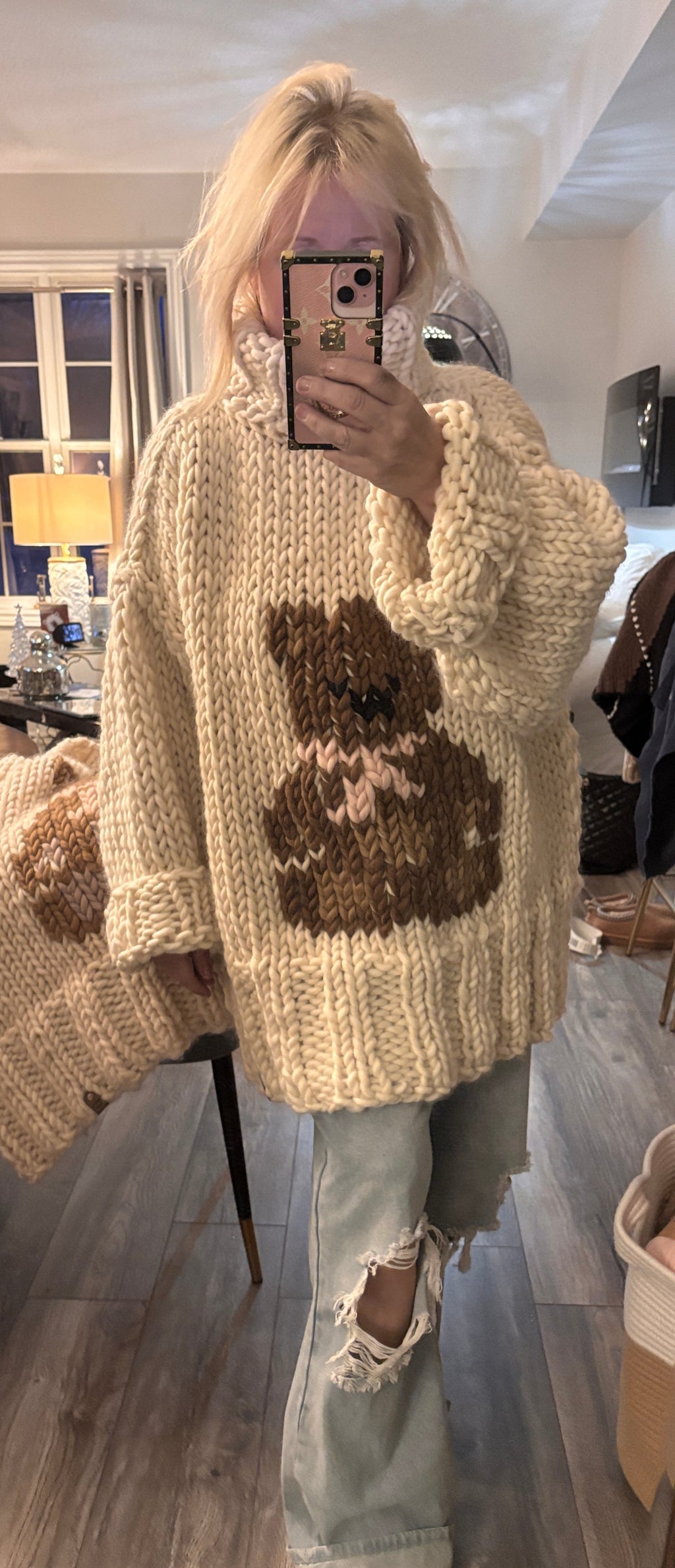 Cream Chunky hand knit soft wool turtleneck sweater with hand sewn bear design oversized cowl neck sweater for women in ivory wool