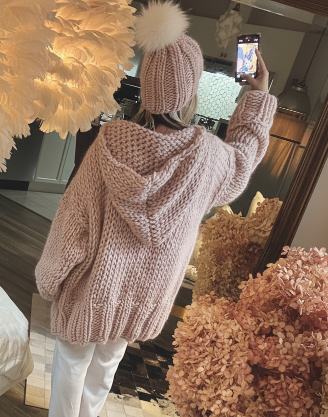 Pink hooded chunky hand knit sweater loose oversized soft luxurious wool sweater for women
