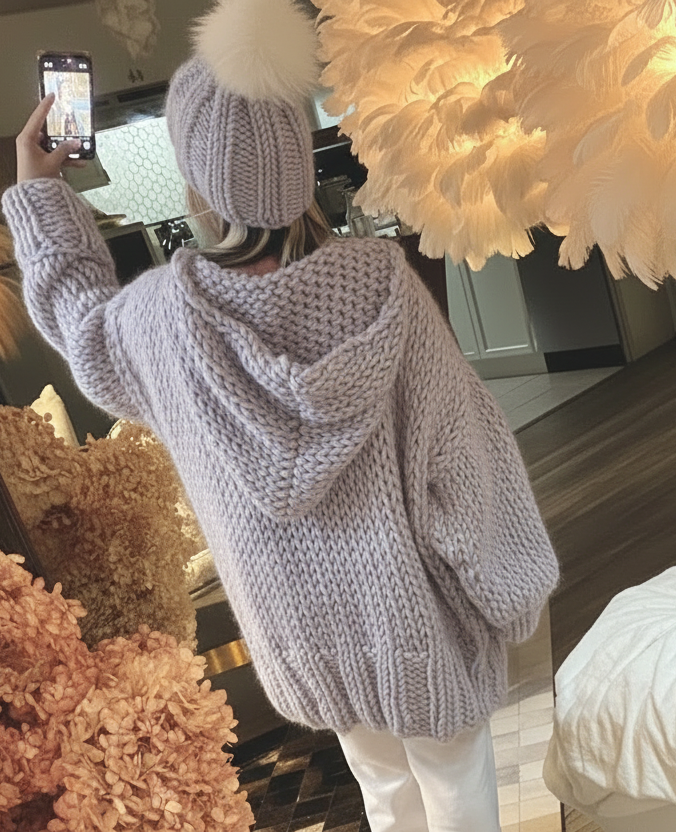 Lilac hooded chunky hand knit sweater  loose oversized soft luxurious wool sweater for women