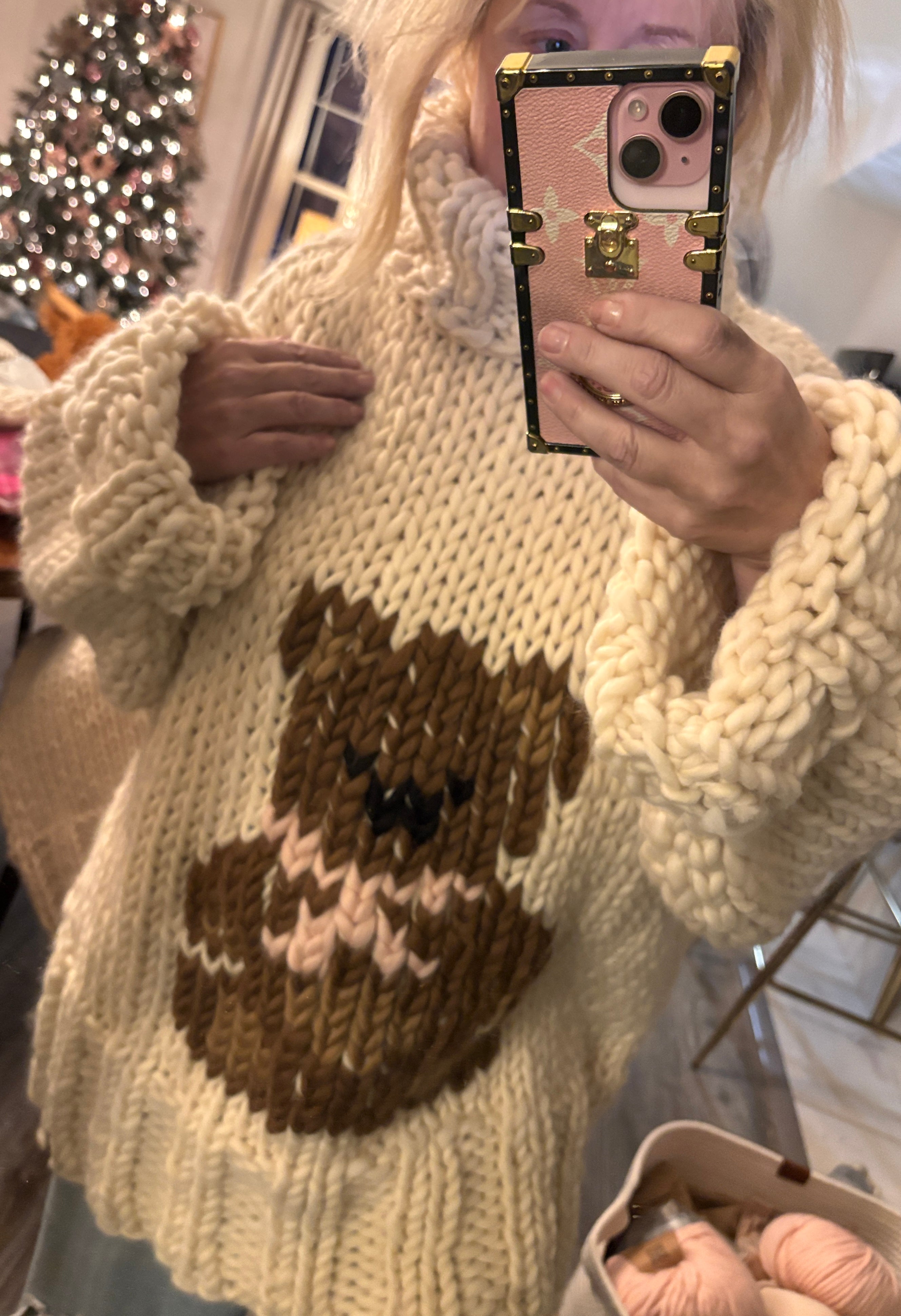 Cream Chunky hand knit soft wool turtleneck sweater with hand sewn bear design oversized cowl neck sweater for women in ivory wool