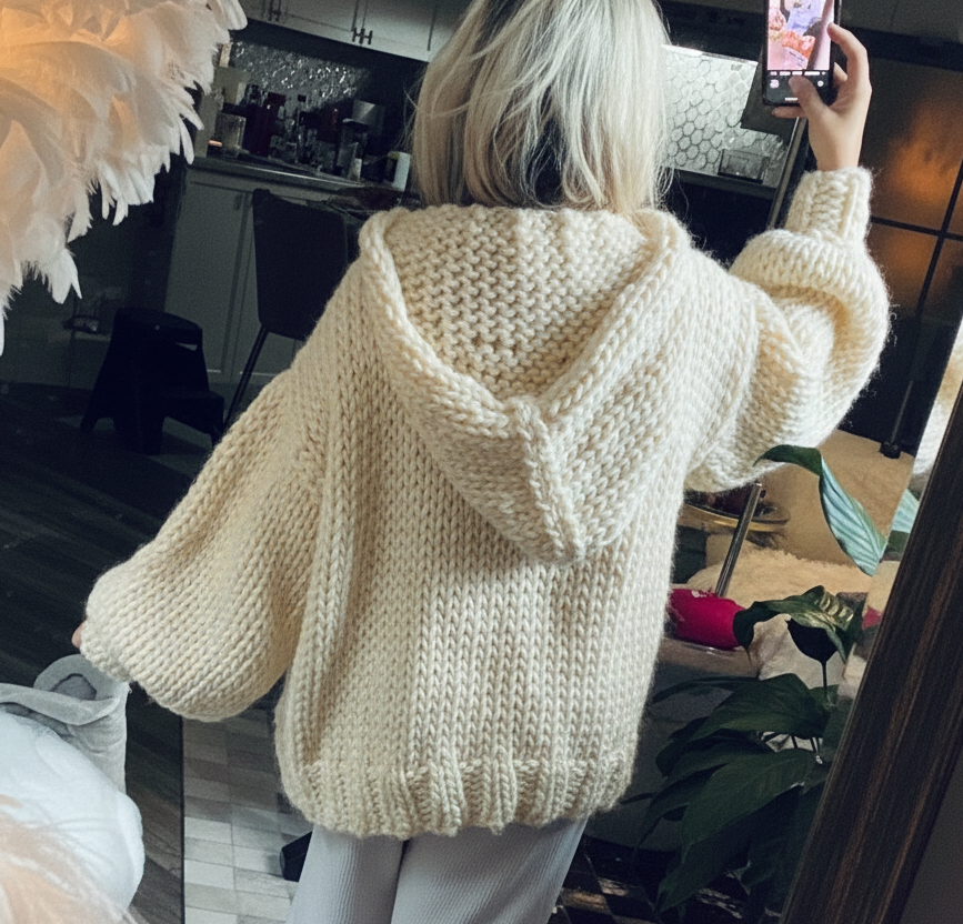 Ivory hooded chunky hand knit sweater with hood loose oversized soft luxurious wool sweater for women