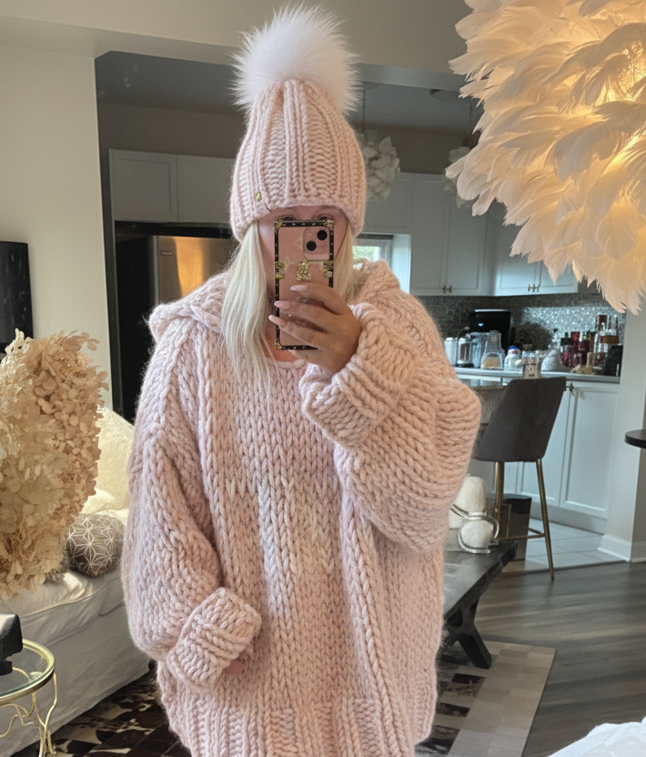 Pink hooded chunky hand knit sweater with ivory lake lettering on the front in loose oversized soft luxurious wool sweater for women