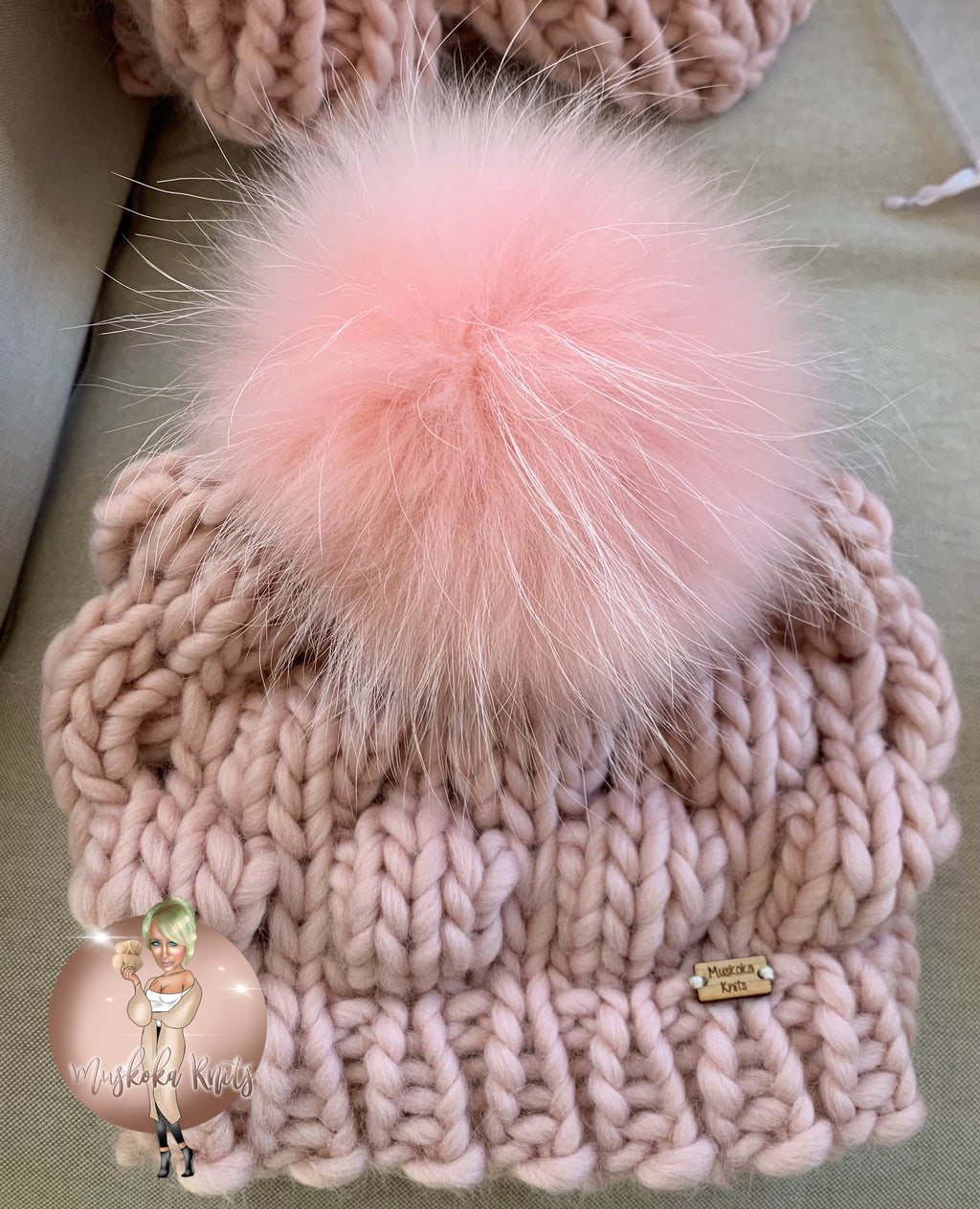 pale pink chunky knit real fur pom pom hat, chunky knit hat in pink with real fur pom pom, baby pink chunky knit hat, baby pink womans knit hat
