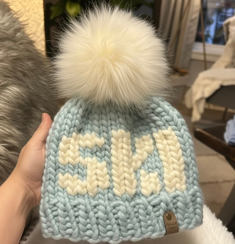 Blue Chunky knit hat with detachable ivory fur pom pom oversized soft wool knit hat for women with ski lettering in ivory