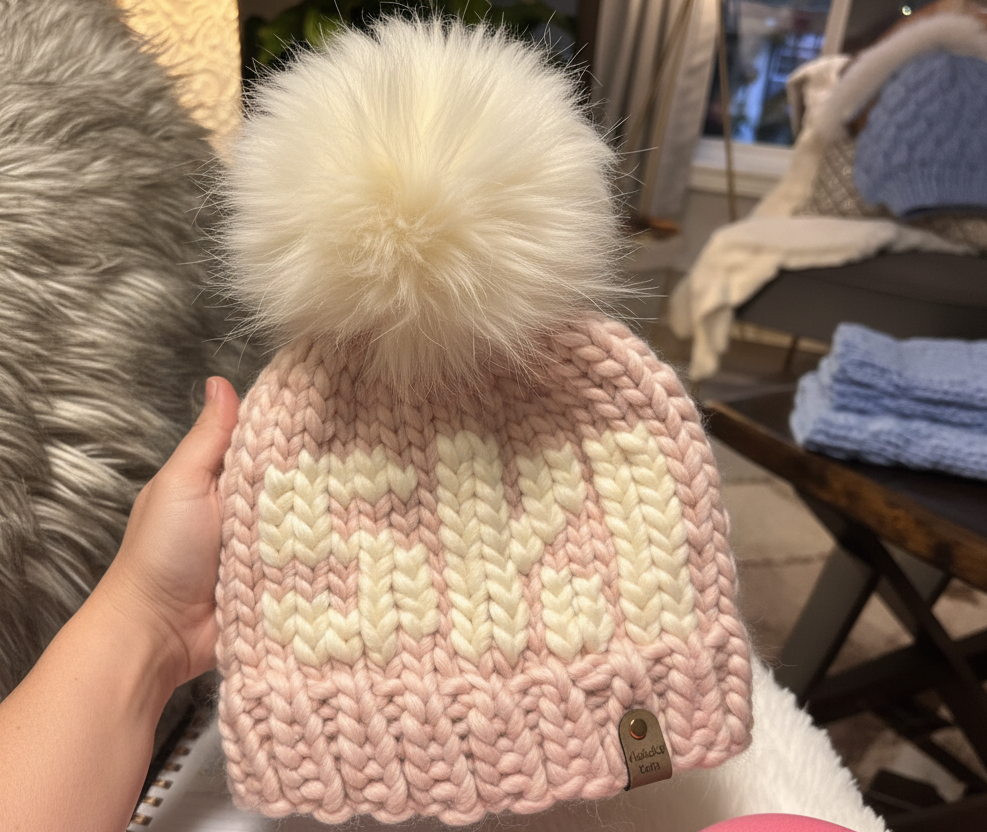 Pink Chunky knit hat with detachable pink fur pom pom oversized knit hat for women with ivory ski lettering soft wool 