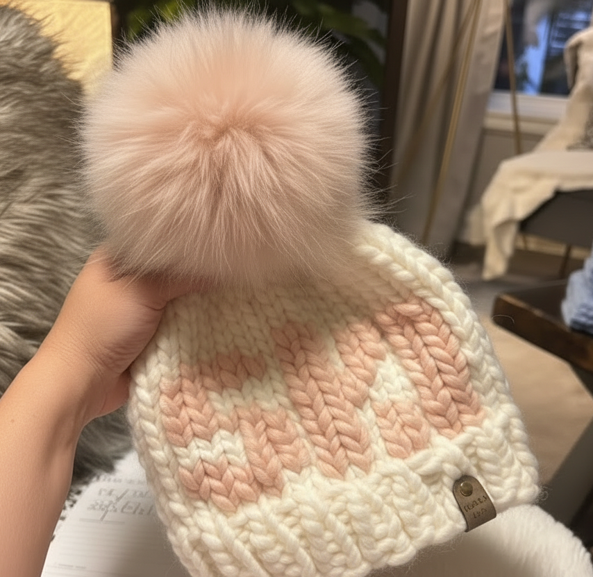 White Chunky knit hat with detachable pink fur pom pom oversized soft wool knit hat for women with ski lettering in pink